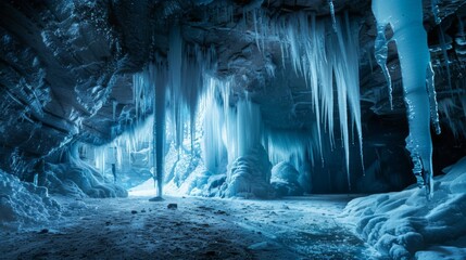 A majestic frozen cave with crystalclear icicles and snowcovered ground