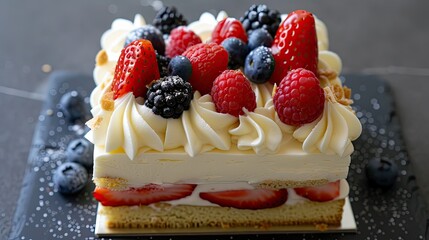Vanilla cake bar with white chocolate, fresh strawberries, raspberries, blueberries on whipped cream