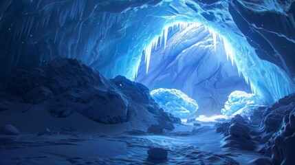 Breathtaking ice cave with glowing blue light and ice formations