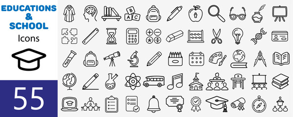 Education and school line icon collection. Vector illustration. Containing knowledge, college, task list, design, training, idea, teacher, file, graduation hat, institute, ruler, telescope.