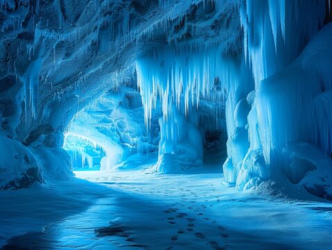 Breathtaking ice cave with glowing blue light and ice formations