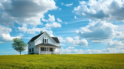 White house with black roof under a sky full of white clouds