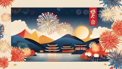 Japanese  festival ( obon) illustration. Summer greeting card of fireworks