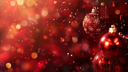 A red Christmas background with Christmas trees and balloons, with a place for text.
