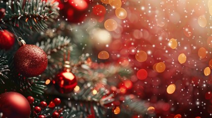 A red Christmas background with Christmas trees and balloons, with a place for text.