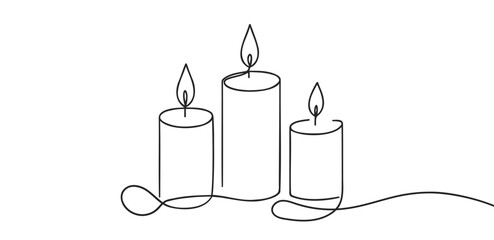 One line continuous three candle. Silhouette of burning memorial ceremony church tradition. Digital white single line sketch drawing vector illustration