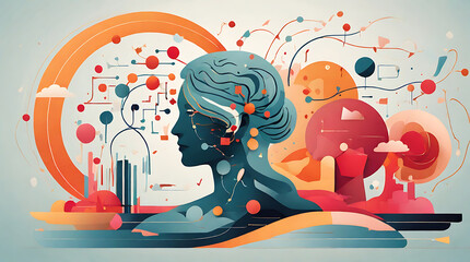 An abstract illustration of cognitive processes such as memory, learning, and decision-making. Use overlapping shapes and layers to indicate complexity.
