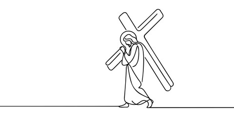 Jesus Christ carrying the cross drawn continuous line. Vector illustration