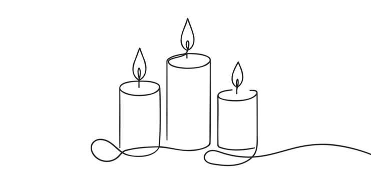 One line continuous three candle. Silhouette of burning memorial ceremony church tradition. Digital white single line sketch drawing vector illustration