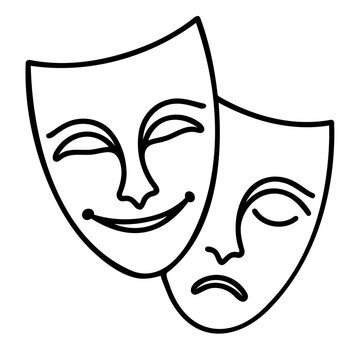 recommend clip art: Theater Mask: Comedy and tragedy masks, representing drama and theater education. Continuous one line drawing in white background