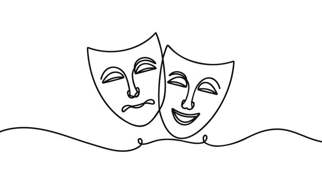 recommend clip art: Theater Mask: Comedy and tragedy masks, representing drama and theater education. Continuous one line drawing in white background