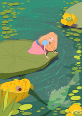 Thumbelina sit water lily leaf fairy tale book illustration. Vector cartoon