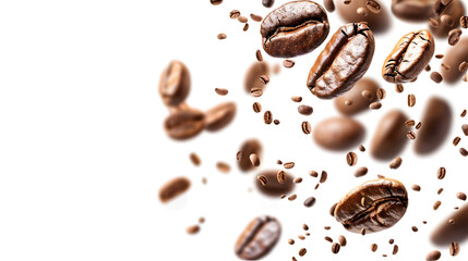 Obraz premium Flying whirl roasted coffee beans in the air studio shot isolated on white background long banner with copyspace, Healthy products by organic natural ingredients