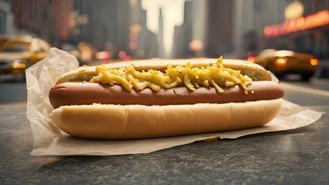 Savor the flavors of a traditional New York hotdog topped with sauerkraut, relish, and yellow mustard, enjoyed on a lively street corner. National Hotdog Day