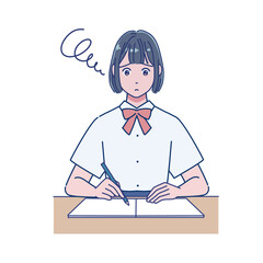 机で勉強するアニメ風の女子生徒