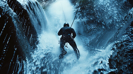 Naklejka premium hombre practicando cañonismo deporte extremo de aventura y adrenalina haciendo rapel por las cascadas en los cañones