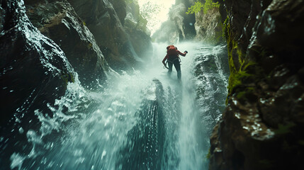 descender por cascadas con equipo de rapel bajando con cuerda practicando cañonismo deporte extremo y de aventura vida y naturaleza