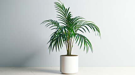 Obraz premium A minimalist image with a white background showcasing a single parlor palm in a simple white pot, centered