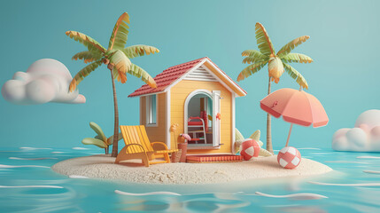 Obraz premium 3D illustration of a beach chair and umbrella on a sand island with sea waves