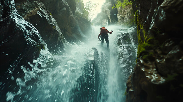 descender por cascadas con equipo de rapel bajando con cuerda practicando ca&ntilde;onismo deporte extremo y de aventura vida y naturaleza
