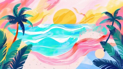 Fototapeta na wymiar An artistic depiction of a summer vacation, with abstract shapes representing beaches, oceans, and sunshine, using a playful color palette of pastels and neons.