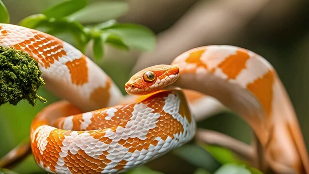 Corn snake coils on mossy branch, alert and shimmering. World Snake Day