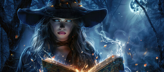 Enthralling Sorceress of the Dark Woods: Mystic Beauty and Ancient Spells in Halloween Scene