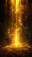 Fototapeta premium Abstract golden light beams and particles falling in dark background, creating a magical, ethereal scene. Perfect for use in festive designs.