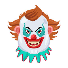 Scary joker face with creepy smile, flat icon 

