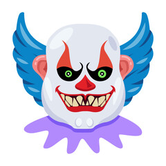 A flat icon of clown evil face with creepy smile 

