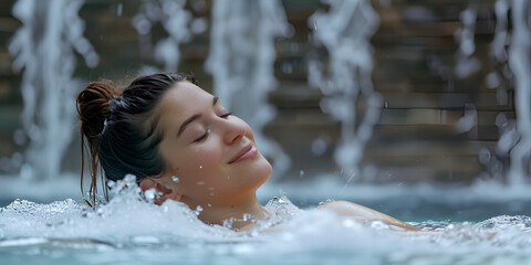 Obraz premium Rejuvenating Hydrotherapy Woman Relaxing Under a Waterfall Spa Bliss Refreshing Hydrotherapy Experience with Waterfall