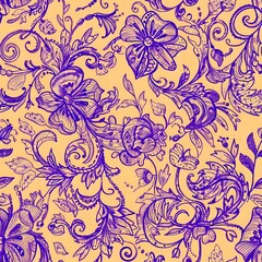Fototapeta premium Detailed Orange and Purple Floral Seamless Pattern for Home Decor