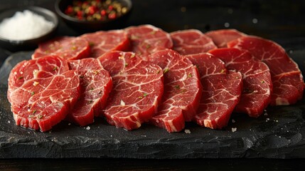 Slices of fresh raw meat arranged on a black slate board, ready for cooking. Ideal for culinary, food, and restaurant imagery.