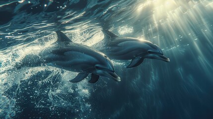 Obraz premium Two dolphins swimming in crystal clear ocean water with sunlight streaming through, showcasing the beauty of marine life.