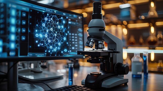 Advanced microscope and computer analyzing complex biological data in a modern laboratory setting with futuristic technology.