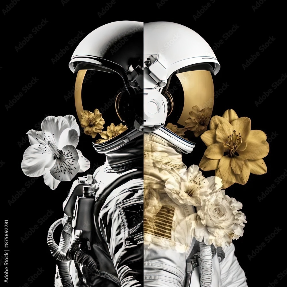 Sticker a man in a space suit with flowers on his face