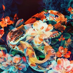 a painting of a snake and flowers on a black background
