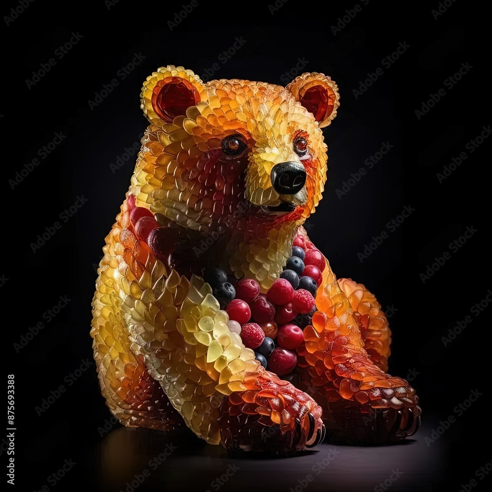 Poster a bear made out of gummy bears on a black background