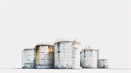 Ultra-high-definition image of a mineral oil storage tank farm, isolated on white, shot with Nikon D850 in 32k UHD, using focus stacking for maximum detail