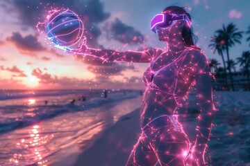 Woman in VR headset experiencing virtual reality on the beach during sunset, holding a digital basketball with neon lights.