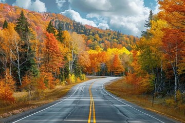 Fototapeta premium Autumn road trip. Highway in beautiful autumn landscape