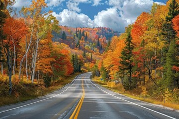 Fototapeta premium Autumn road trip. Highway in beautiful autumn landscape
