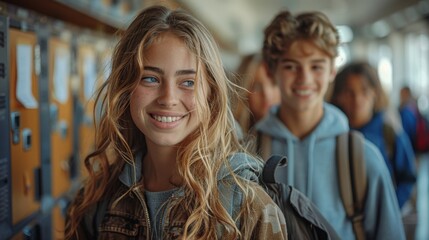 Teenagers Smiling in School Hallway - Generative AI