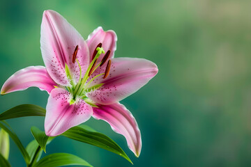 Fototapeta premium beautiful pink lily close up isolated on green background