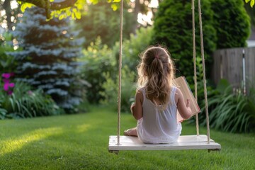 A Girl Reading on a Swing in a Green Backyard