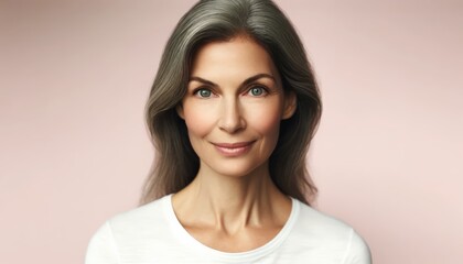 Happy smiling adult female portrait of 50 years old looking at the camera. Close up of sophisticated woman's head against background