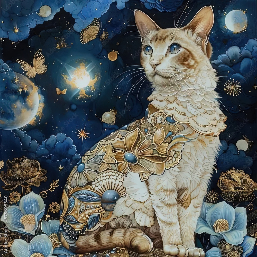 Canvas Prints a painting of a cat sitting on top of flowers