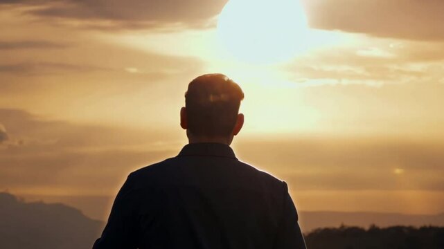 A man walks from far away on the Drama sky and cloud sunbeam of sunset