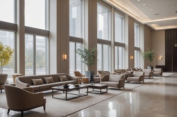 Fototapeta premium Spacious lobby with floor-to-ceiling windows and modern furniture