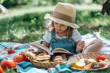 Little Girl Reading on a Picnic Blanket in the Park